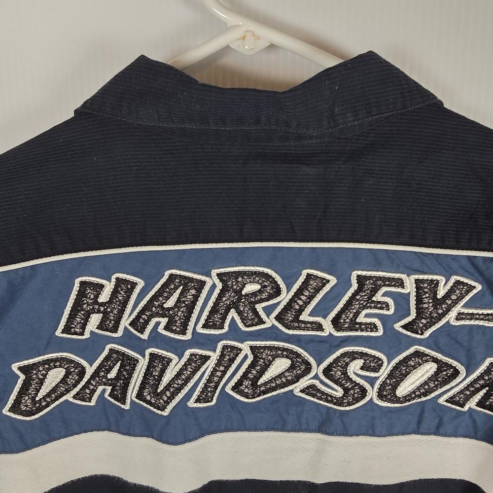 Harley-Davidson Men's Vintage Blue and Black Button Down Shirt Size L Moto - Picture 13 of 14